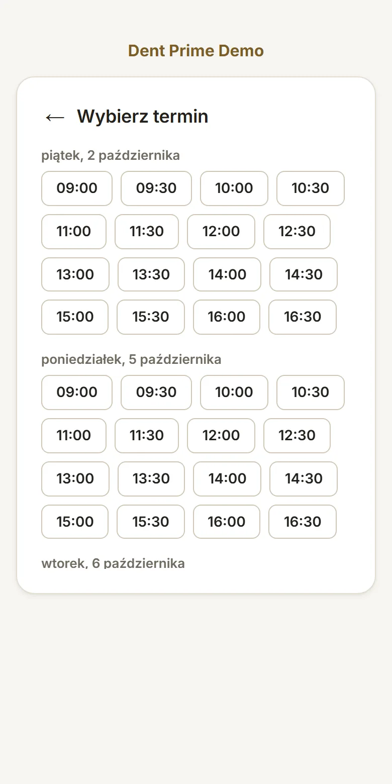 Widżet rezerwacji PrimeBooking na telefonie. Krok 3: wolne terminy lekarza pogrupowane po dniach